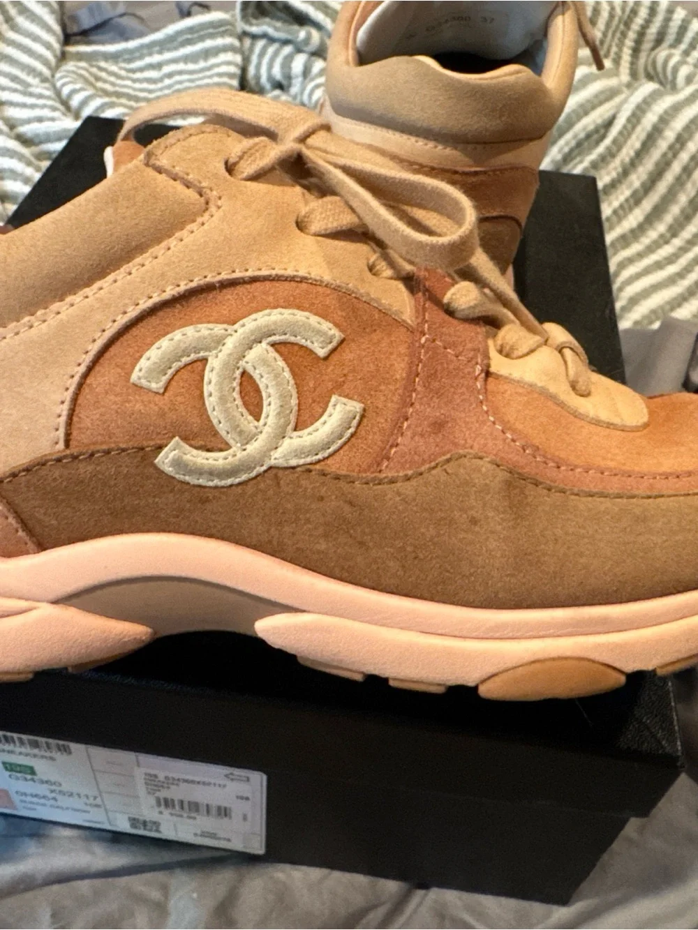 CHANEL Pink & Beige Suede Sneakers